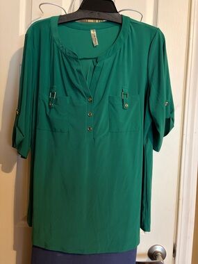 Perseption Teal Green Henley Tunic with Pocket Detail